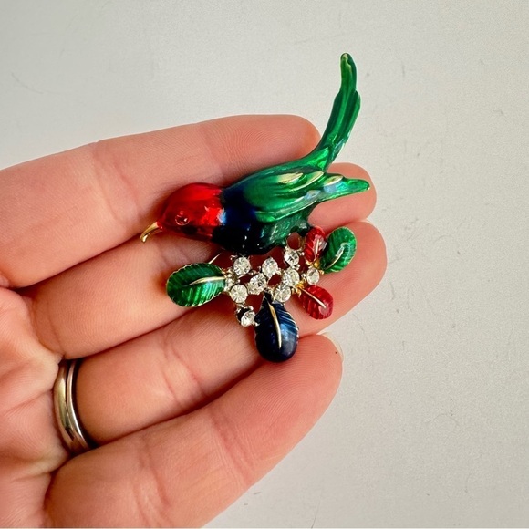 Vintage Enamel Rhinestone Bird Brooch Red Blue Green Festive Holiday Christmas - Picture 6 of 7